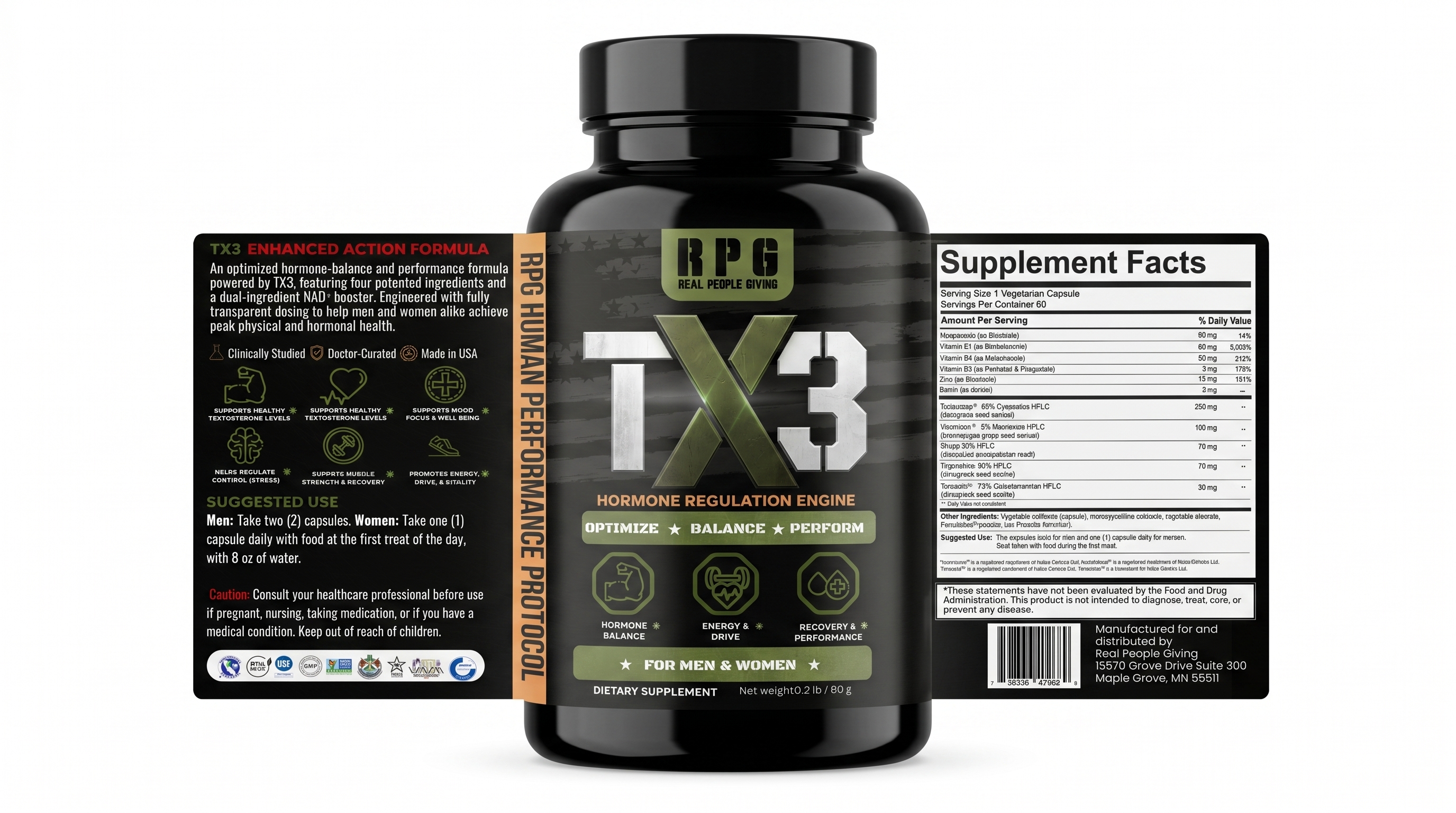 TX3 supplement facts label showing full ingredient transparency